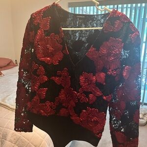 Express Black Lace Bodysuit with Red Floral Applique